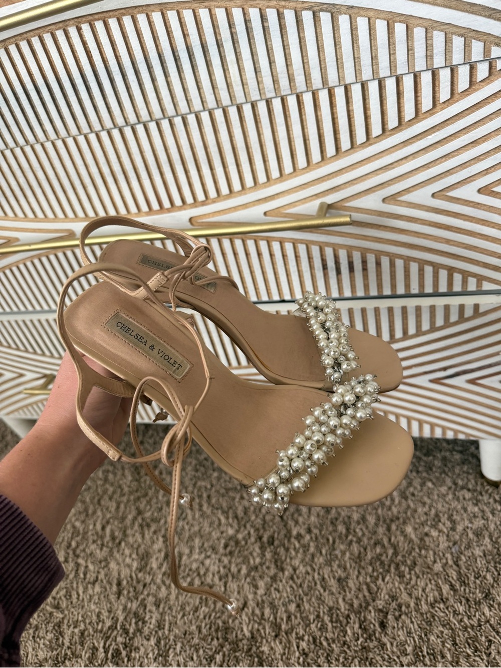 Chelsea & Violet Nude Pearl Strap Lace-Up Heels